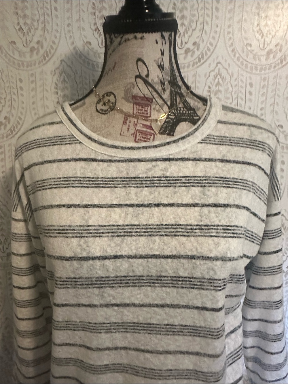 bobeau Cream and Black Striped Crewneck Sweater